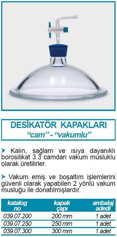 İSOLAB 039.07.200 desikatör kapağı vakumlu